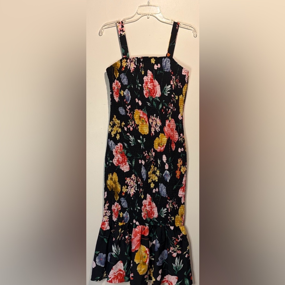 Pretty Garden Black + Colorful Floral Smocked Ruffle Hem Maxi Dress Size M